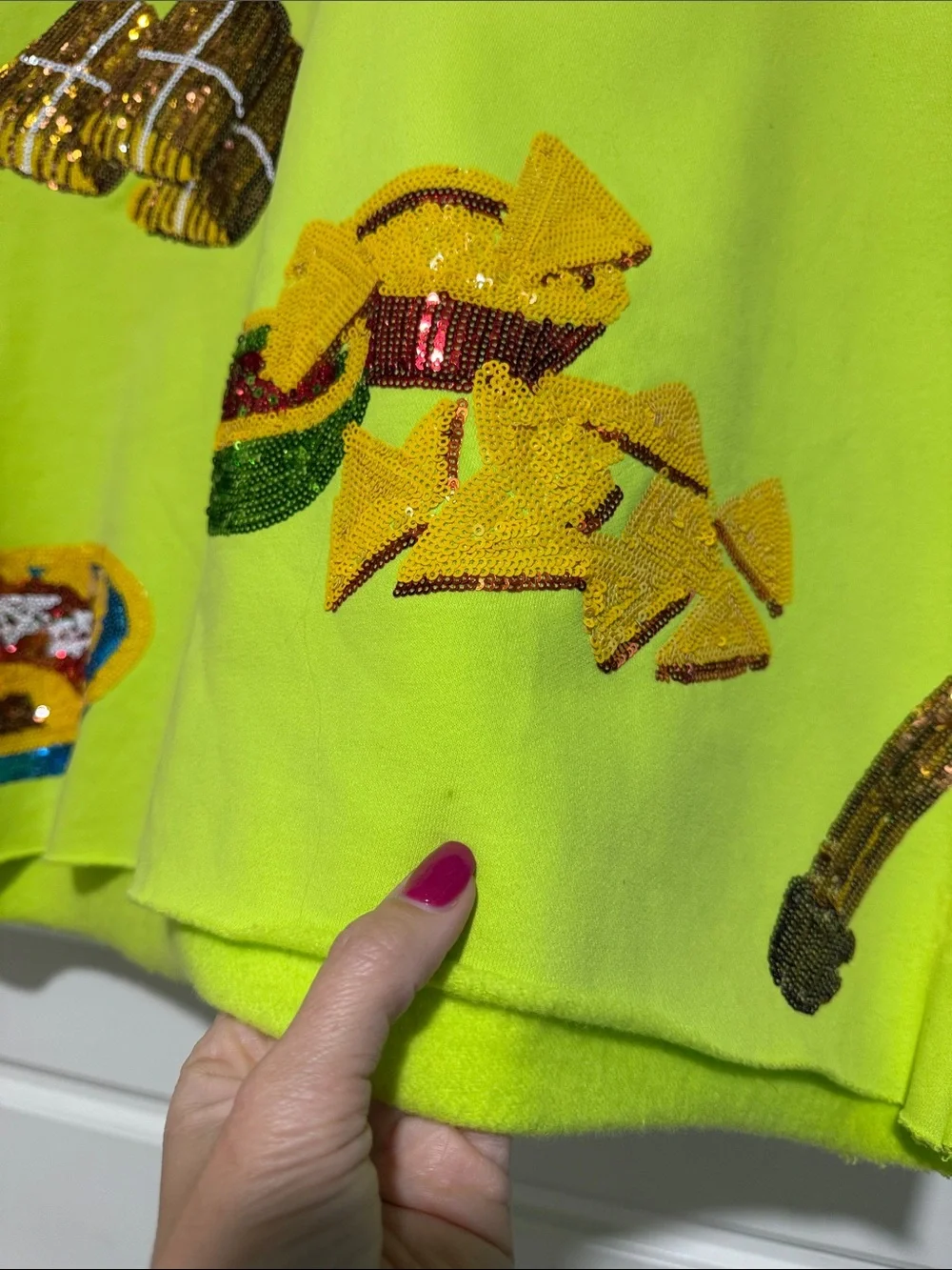 QUEEN OF SPARKLES Neon green Sequin Mexican Food Short Sleeve Sweatshirt